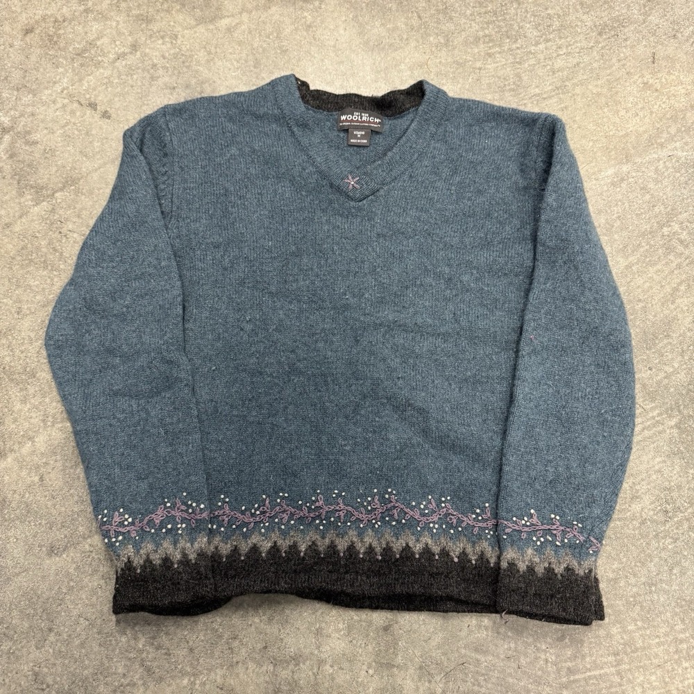 Woolrich Women's Teal V-Neck Wool Sweater Nordic Fair Isle Border Blue Medium